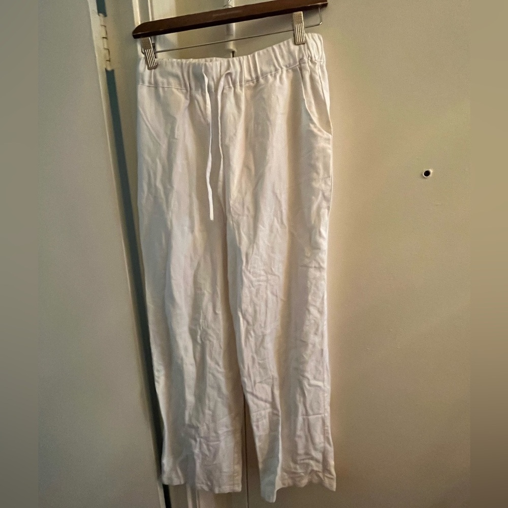Ladies Drawstring White linen pants.